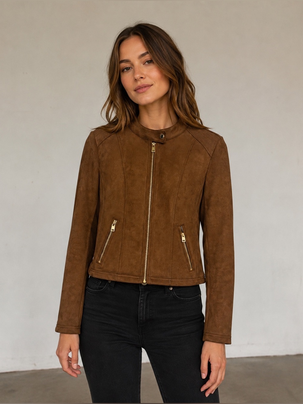 Marc New York Andrew Marc Brown Faux Suede Moto Jacket PL